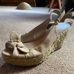 Tan Bow Canvas Wedge Sandal